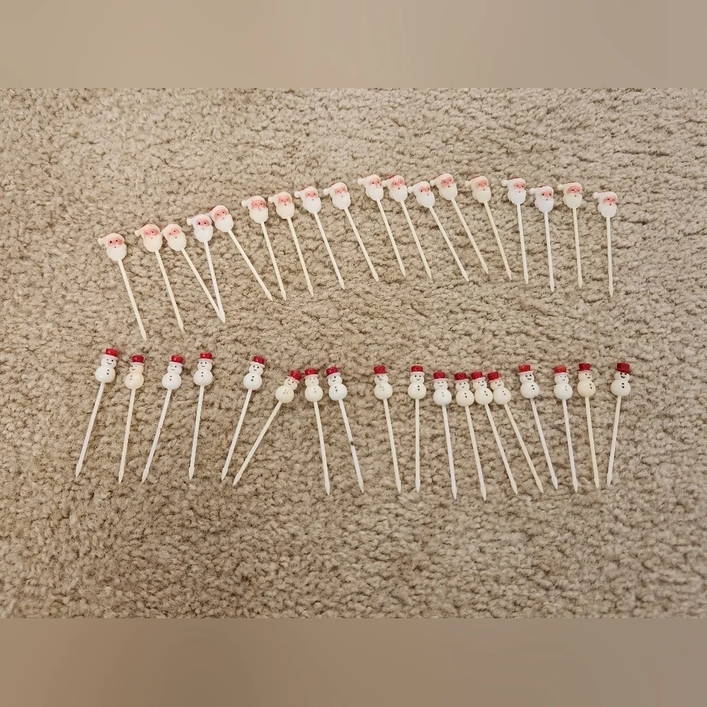 Set Of 36 VTG Toothpicks Snowman Santa Claus Christmas Holiday Plastic